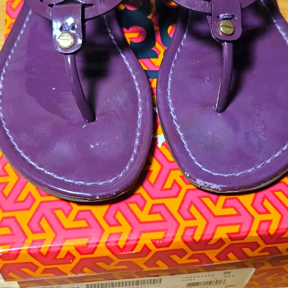 Tory Burch Miller Sandals Purple Patent Leather Logo Thong Sandals Size 8.5 - Picture 8 of 8